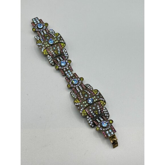 Heidi Daus Colorful Art Deco Style Bracelet Crystals Pave Wide Panel Links - Picture 2 of 9